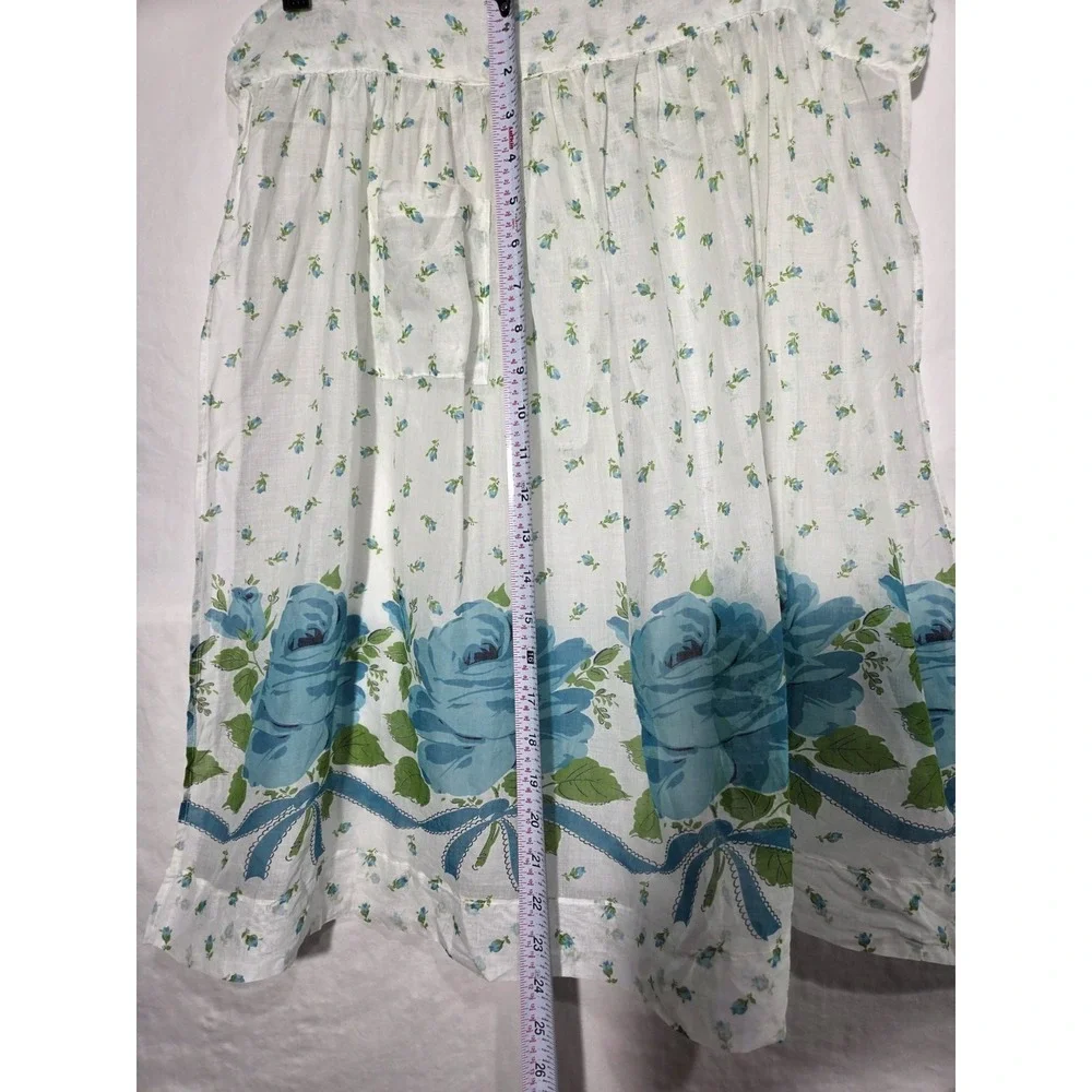 Vintage Floral Half Apron Womens OS White Blue Rose Border Print Cotton Gauze‎